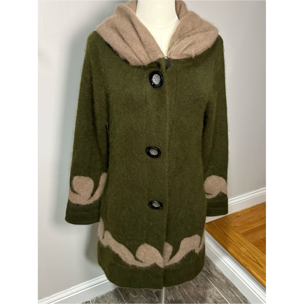 Riccos 100% Mink Cashmere Hooded Sweater Duster Cardigan XL Button Down Green